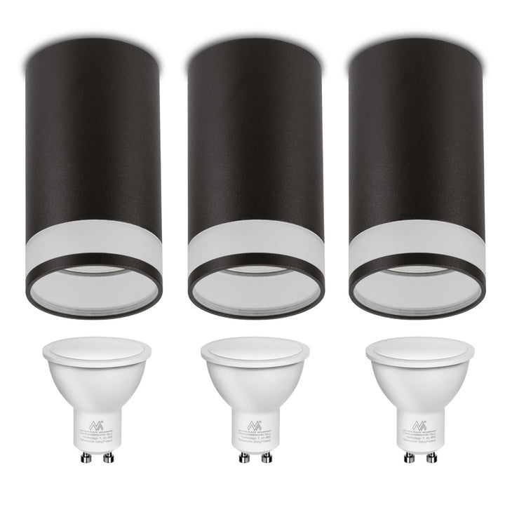Set 3 spoturi tubulare Maclean, de suprafață / tub, rotund, aluminiu, GU10, 55x130mm, culoare neagră, MCE361 B + 3 becuri LED GU10 7W Maclean Energy MCE437 NW alb neutru 4000K, 220-240V~, 50/60Hz, 490