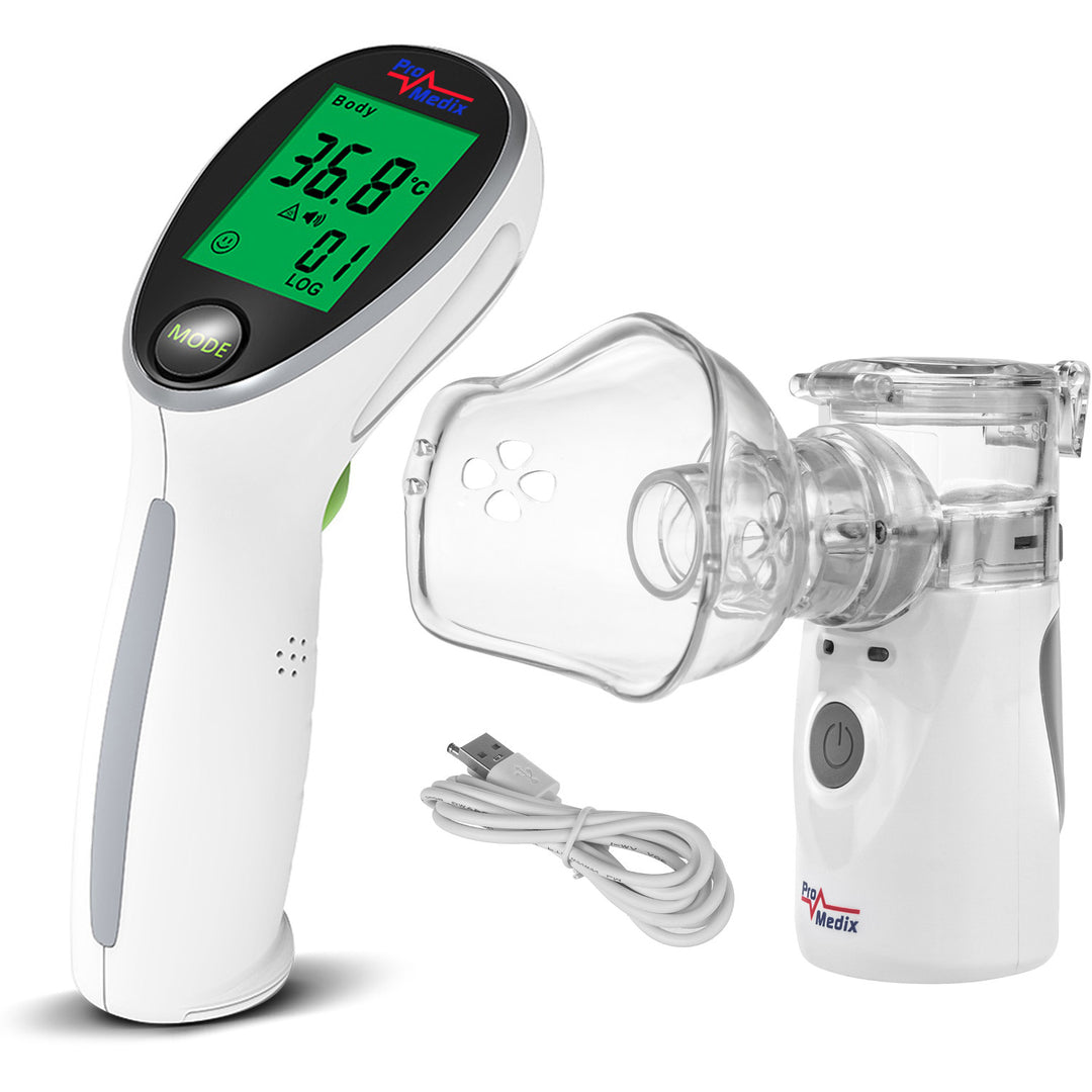 Promedix inhalator portabil fără fir, cu accesorii si măști, PR-835 + Promedix PR-960 termometru medical infraroșu fără contact