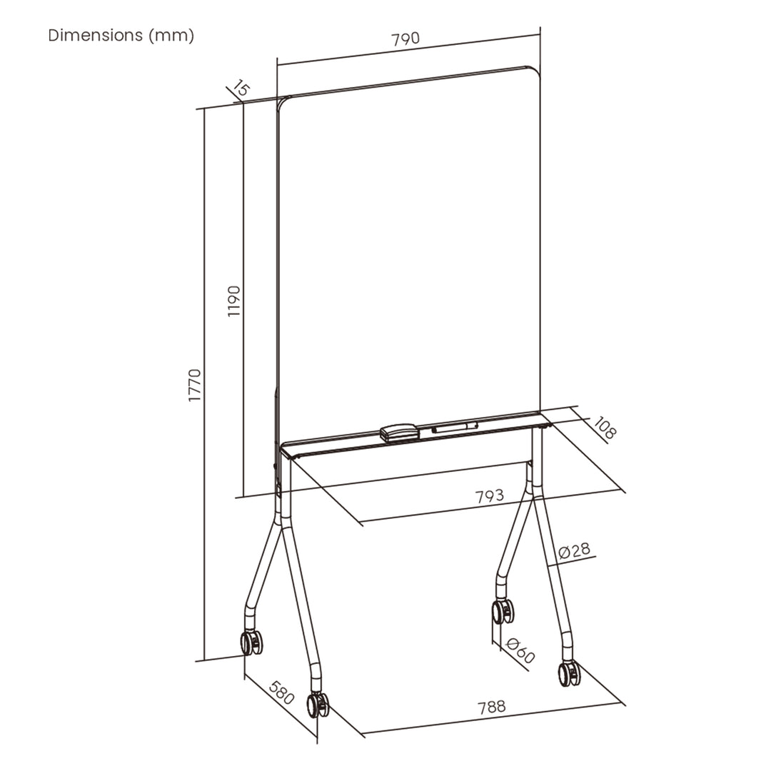 Tablă mobilă Ergo Office cu ștergere uscată, orientare verticală, albă, cu o singură față, cu raft, dimensiuni tablă 1190x790mm, ER-305