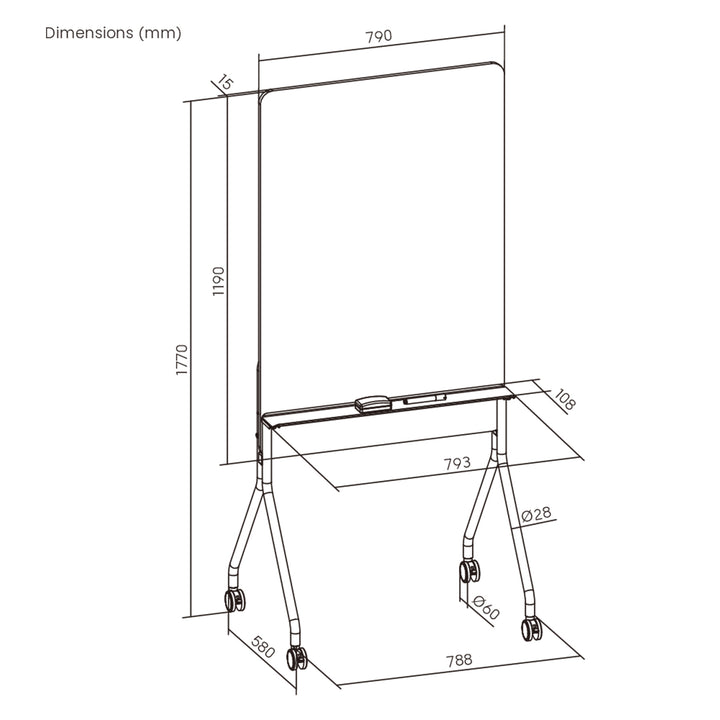 Tablă mobilă Ergo Office cu ștergere uscată, orientare verticală, albă, cu o singură față, cu raft, dimensiuni tablă 1190x790mm, ER-305