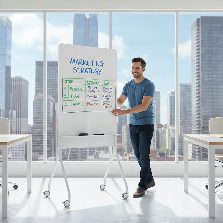 Tablă mobilă Ergo Office cu ștergere uscată, orientare verticală, albă, cu o singură față, cu raft, dimensiuni tablă 1190x790mm, ER-305