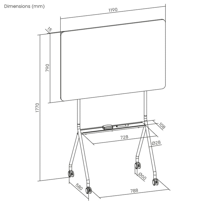 Tablă mobilă Ergo Office cu ștergere uscată, orientare orizontală, albă, cu o singură față, cu raft, dimensiuni tablă 1190x790mm, ER-306