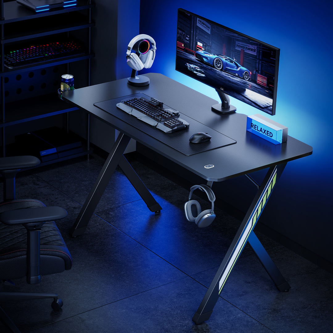 NanoRS gaming desk, negru, cu suport pentru căști și pahare, max. 75kg, dimensiuni 1200x600x750mm, RS101