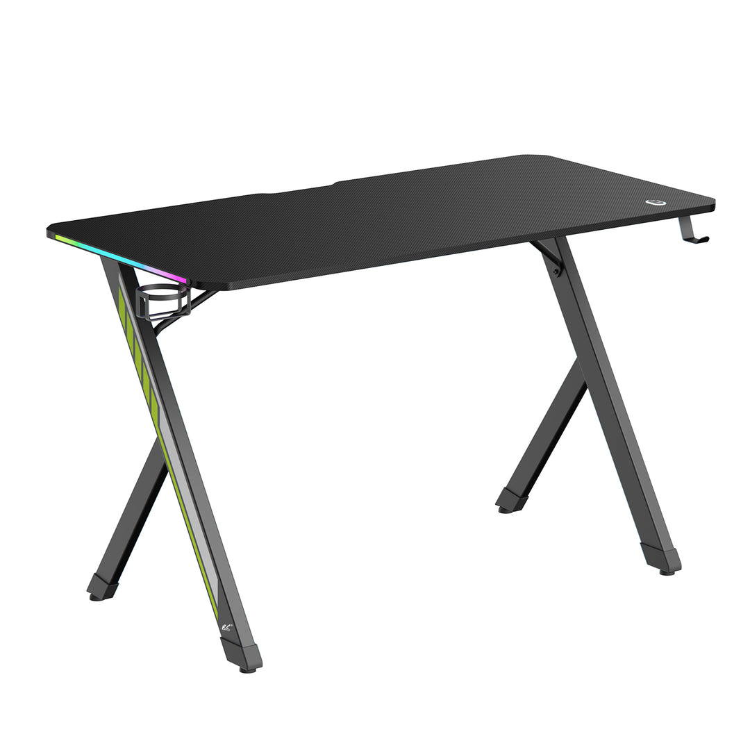 Birou de gaming NanoRS, negru, cu suport pentru căști și pahare, retroiluminare RGB, max. 75kg, dimensiuni 1200x600x750mm, RS102