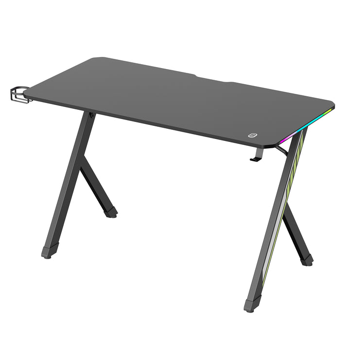 Birou de gaming NanoRS, negru, cu suport pentru căști și pahare, retroiluminare RGB, max. 75kg, dimensiuni 1200x600x750mm, RS102
