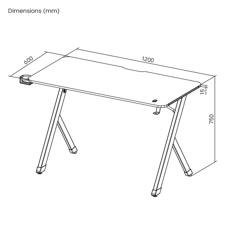Birou de gaming NanoRS, negru, cu suport pentru căști și pahare, retroiluminare RGB, max. 75kg, dimensiuni 1200x600x750mm, RS102