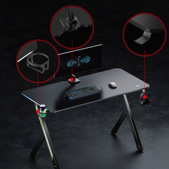 Birou de gaming NanoRS, negru, cu suport pentru căști și pahare, retroiluminare RGB, max. 75kg, dimensiuni 1200x600x750mm, RS102