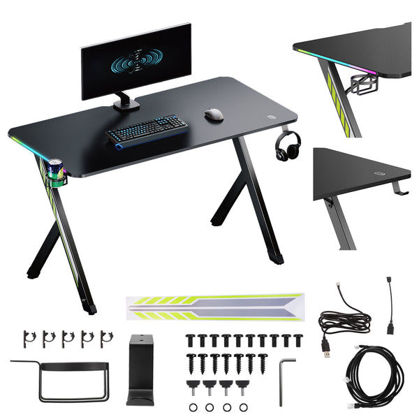 Birou de gaming NanoRS, negru, cu suport pentru căști și pahare, retroiluminare RGB, max. 75kg, dimensiuni 1200x600x750mm, RS102