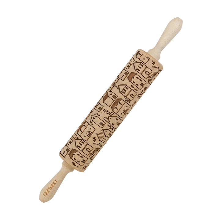 Sucitor gravat cu model oras scandinav Goody Woody, 46 cm, lemn de fag