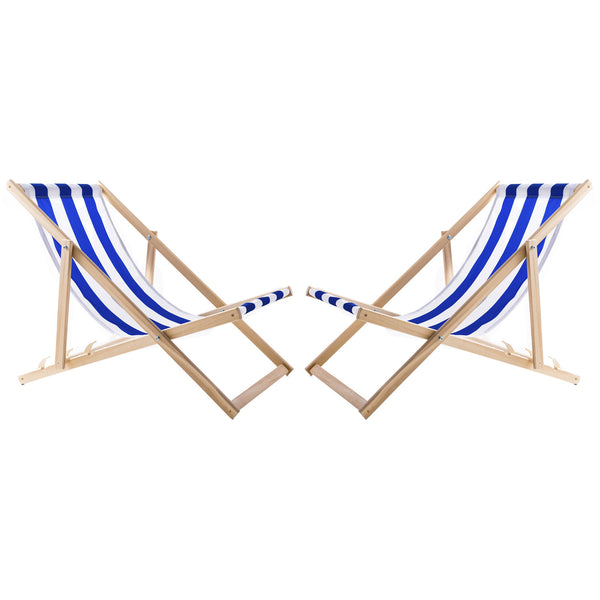 Set 2 sezlonguri de plajă din lemn, ideale pentru plajă, balcon, terasă, asamblate, albastru-alb
