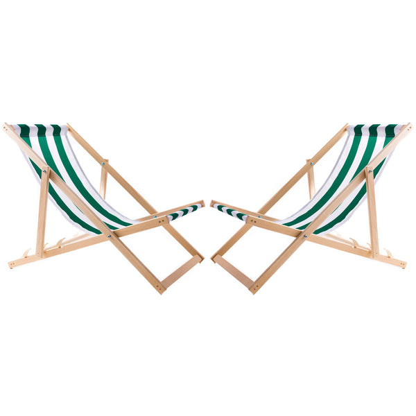 Set 2 sezlonguri de plajă din lemn, ideale pentru plajă, balcon, terasă, asamblate, verde-alb