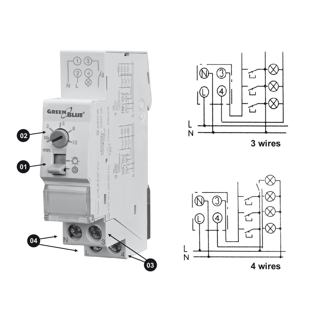 Set 3 șine de scară reglabile automat GreenBlue DIN iluminat, control 30s-10m, max 2300 W, GB114, 3 unități