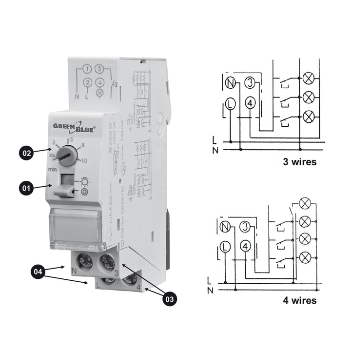 Set 3 șine de scară reglabile automat GreenBlue DIN iluminat, control 30s-10m, max 2300 W, GB114, 3 unități