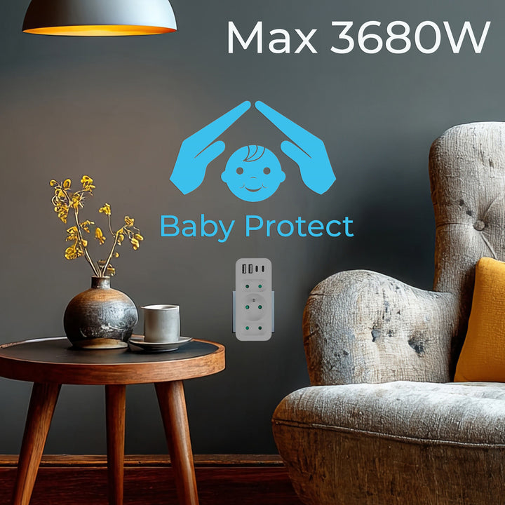 Priză de curent x3 + 4xUSB Maclean, splitter cu 3 prize, 2xUSB A, 2xUSB C PD 20W, 1x16A + 2x6A, MCE248 F/W