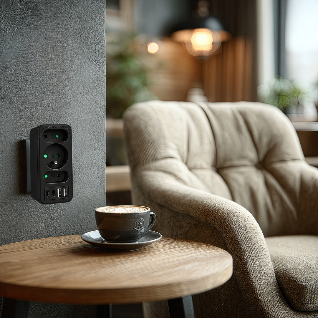 Priză de curent x3 + 4xUSB Maclean, splitter cu 3 prize, 2xUSB A, 2xUSB C PD 20W, 1x16A + 2x6A, MCE248 F/B