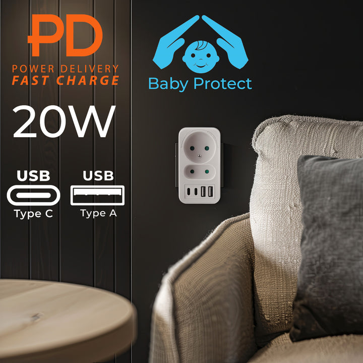 Soclu curent Maclean x2 + 4xUSB, splitter cu 2 socluri, 2xUSB A, 2xUSB C PD 20W, 1x16A + 1x6A, MCE249 F/W