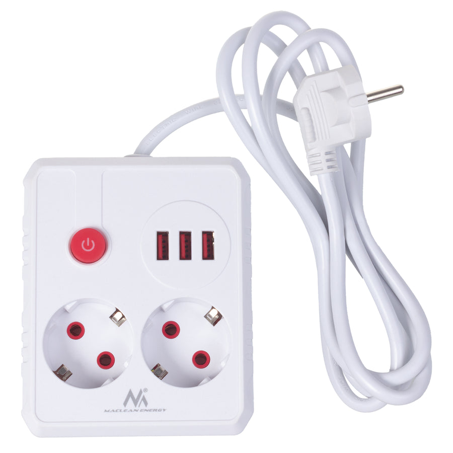 Maclean power strip, cablu prelungitor 2 prize + 3xUSB, 110-240V AC 50/60Hz, 2.1A max 2500W, 1.5m, alb, MCE387 W