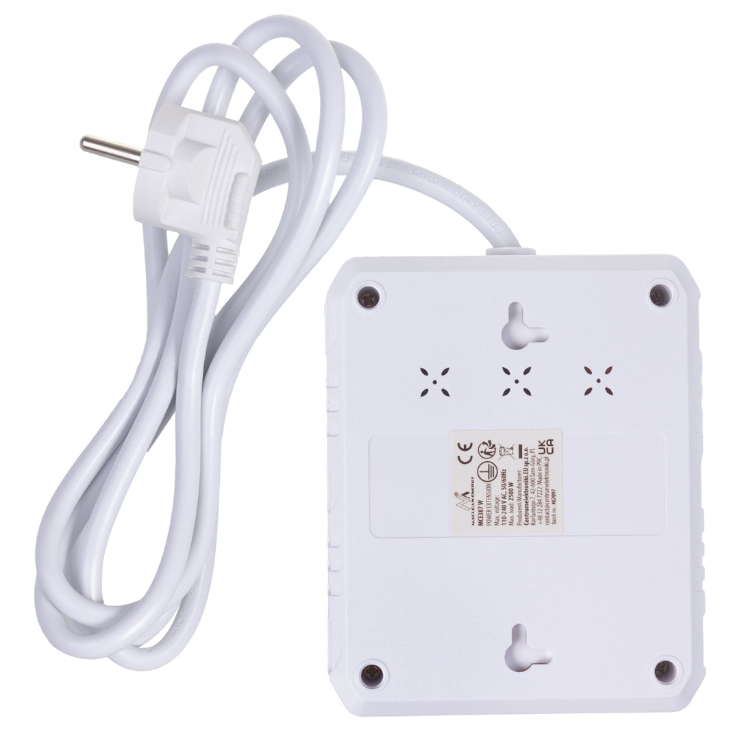 Maclean power strip, cablu prelungitor 2 prize + 3xUSB, 110-240V AC 50/60Hz, 2.1A max 2500W, 1.5m, alb, MCE387 W