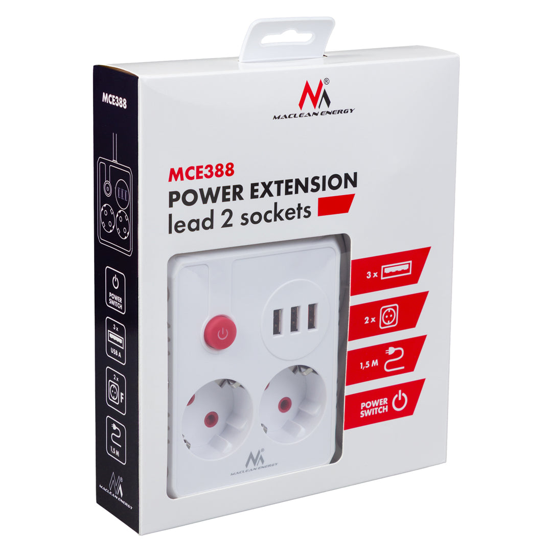 Maclean power strip, cablu prelungitor 2 prize + 3xUSB, 110-240V AC 50/60Hz, 2.1A max 2500W, 1.5m, alb, MCE387 W
