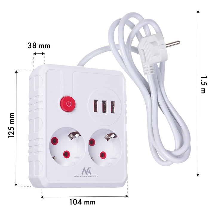 Maclean power strip, cablu prelungitor 2 prize + 3xUSB, 110-240V AC 50/60Hz, 2.1A max 2500W, 1.5m, alb, MCE387 W
