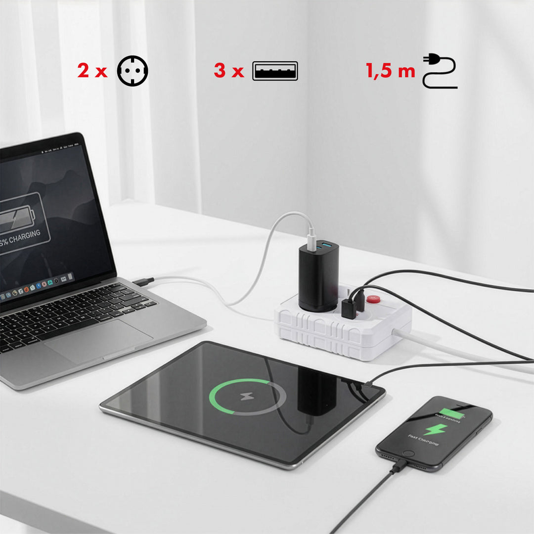 Maclean power strip, cablu prelungitor 2 prize + 3xUSB, 110-240V AC 50/60Hz, 2.1A max 2500W, 1.5m, alb, MCE387 W