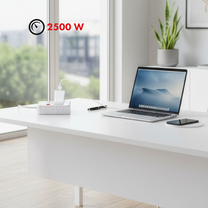 Maclean power strip, cablu prelungitor 2 prize + 3xUSB, 110-240V AC 50/60Hz, 2.1A max 2500W, 1.5m, alb, MCE387 W