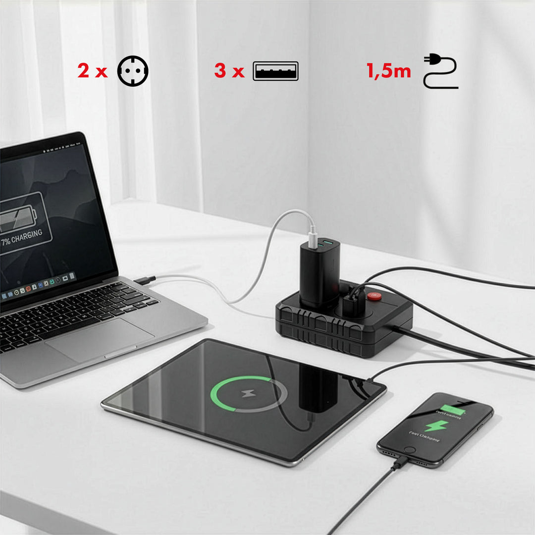 Furtun de alimentare Maclean, cablu prelungitor cu 2 prize + 3xUSB, 110-240V AC 50/60Hz, 2.1A max 2500W, 1.5m, negru, MCE387 B