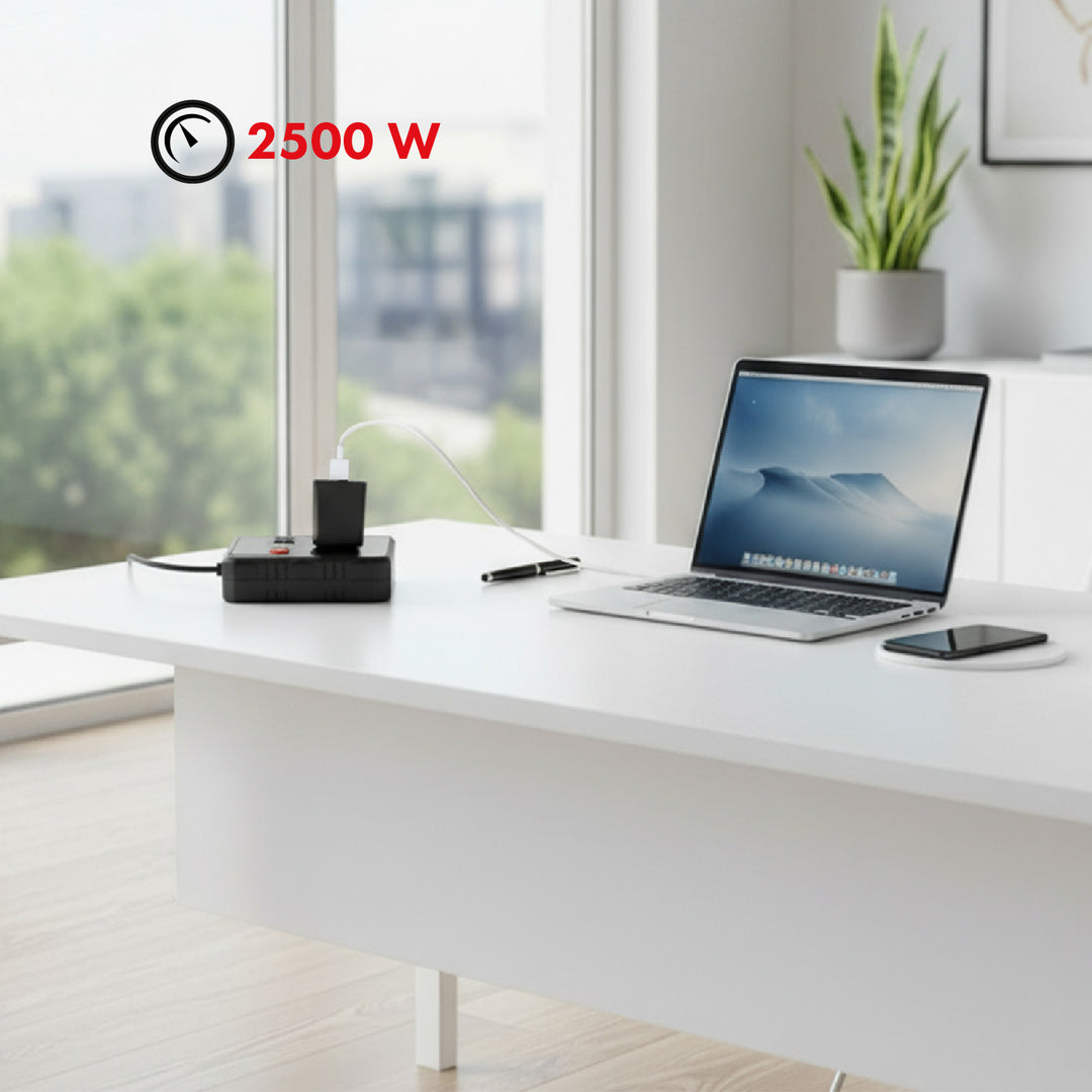 Furtun de alimentare Maclean, cablu prelungitor cu 2 prize + 3xUSB, 110-240V AC 50/60Hz, 2.1A max 2500W, 1.5m, negru, MCE387 B