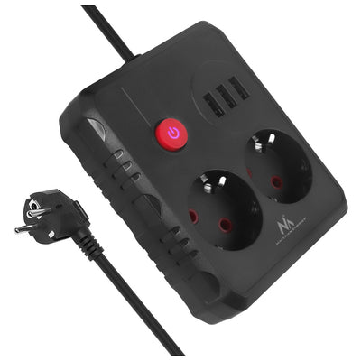 Furtun de alimentare Maclean, cablu prelungitor cu 2 prize + 3xUSB, 110-240V AC 50/60Hz, 2.1A max 2500W, 1.5m, negru, MCE387 B
