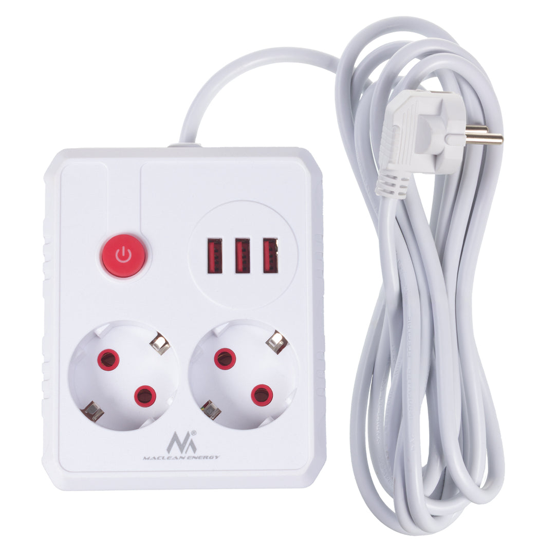 Baretă de alimentare Maclean, cablu prelungitor 2 prize + 3xUSB, 110-240V AC 50/60Hz, 2.1A max 2500W, 3 m, alb, MCE388 W