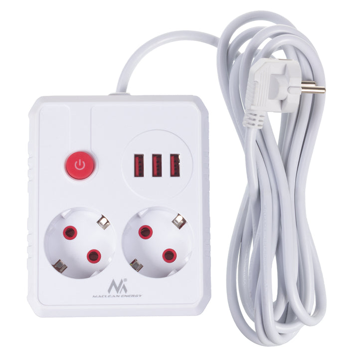 Baretă de alimentare Maclean, cablu prelungitor 2 prize + 3xUSB, 110-240V AC 50/60Hz, 2.1A max 2500W, 3 m, alb, MCE388 W