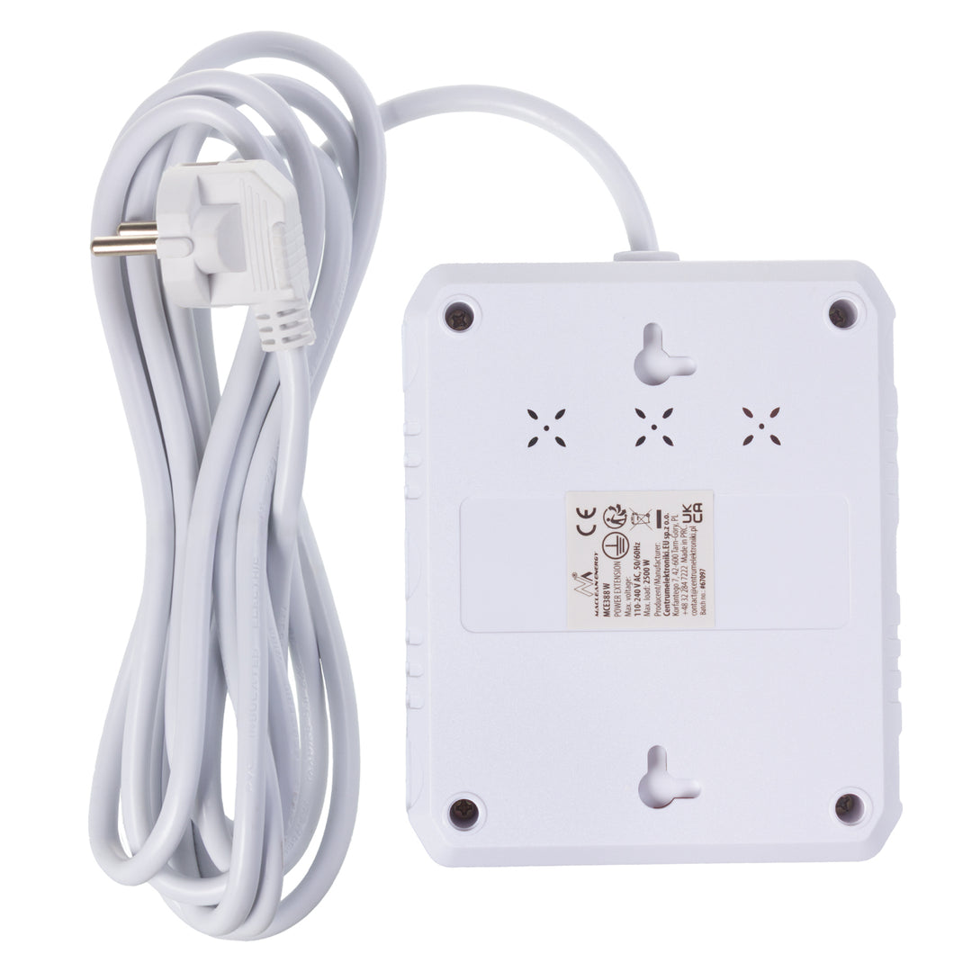 Baretă de alimentare Maclean, cablu prelungitor 2 prize + 3xUSB, 110-240V AC 50/60Hz, 2.1A max 2500W, 3 m, alb, MCE388 W