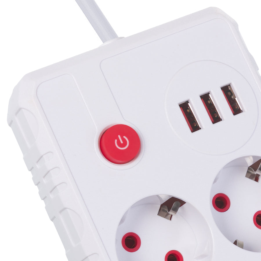 Baretă de alimentare Maclean, cablu prelungitor 2 prize + 3xUSB, 110-240V AC 50/60Hz, 2.1A max 2500W, 3 m, alb, MCE388 W