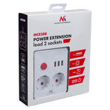 Baretă de alimentare Maclean, cablu prelungitor 2 prize + 3xUSB, 110-240V AC 50/60Hz, 2.1A max 2500W, 3 m, alb, MCE388 W