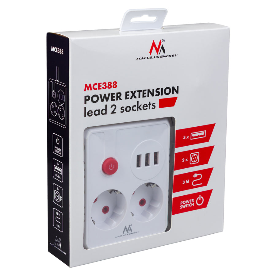 Baretă de alimentare Maclean, cablu prelungitor 2 prize + 3xUSB, 110-240V AC 50/60Hz, 2.1A max 2500W, 3 m, alb, MCE388 W