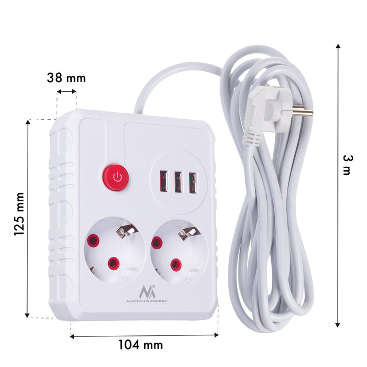 Baretă de alimentare Maclean, cablu prelungitor 2 prize + 3xUSB, 110-240V AC 50/60Hz, 2.1A max 2500W, 3 m, alb, MCE388 W