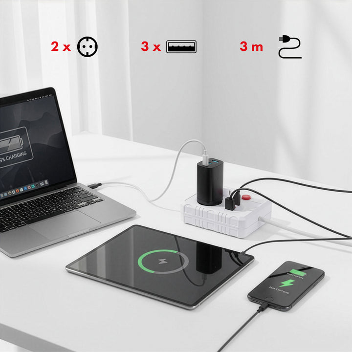 Baretă de alimentare Maclean, cablu prelungitor 2 prize + 3xUSB, 110-240V AC 50/60Hz, 2.1A max 2500W, 3 m, alb, MCE388 W