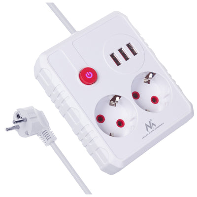 Baretă de alimentare Maclean, cablu prelungitor 2 prize + 3xUSB, 110-240V AC 50/60Hz, 2.1A max 2500W, 3 m, alb, MCE388 W
