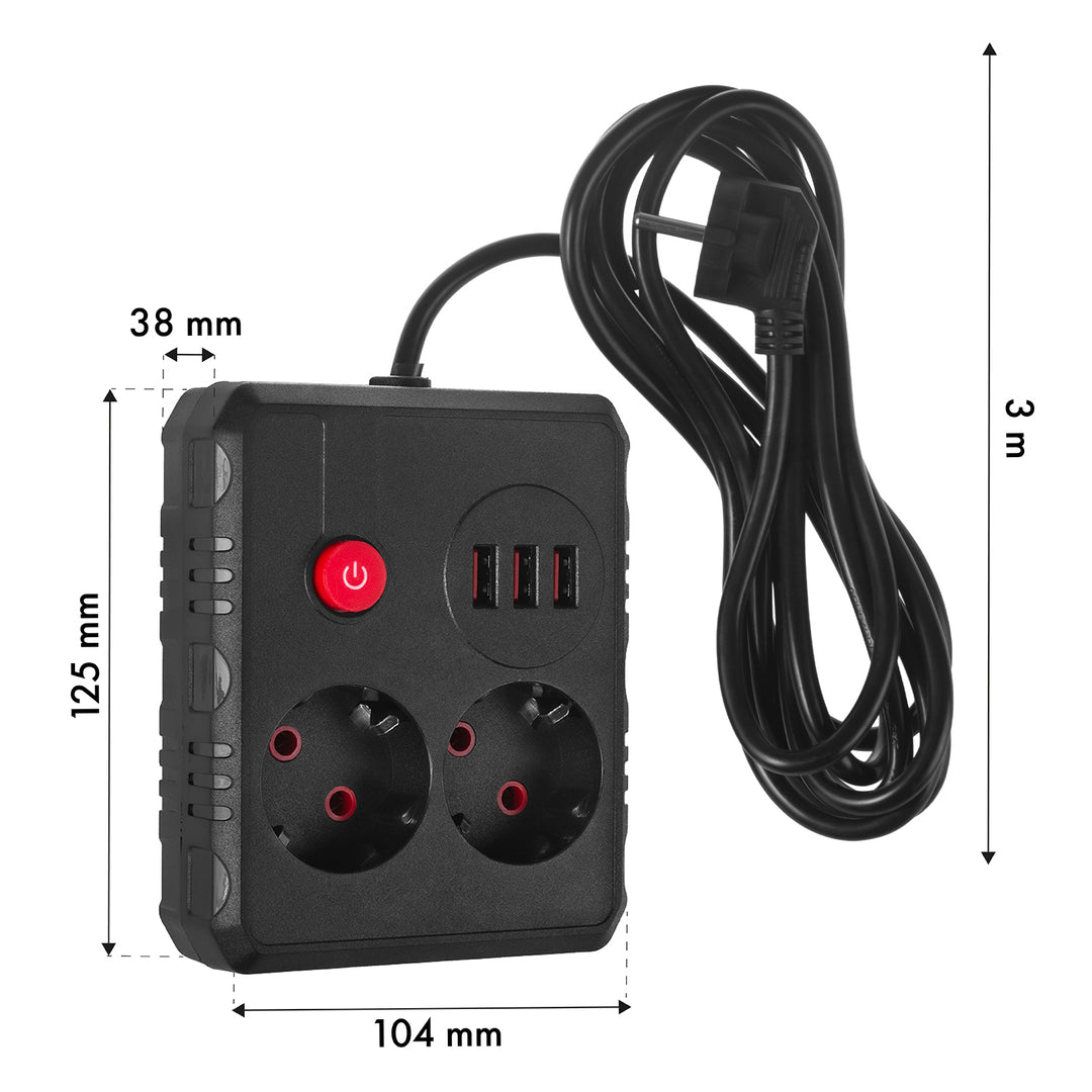 Maclean power strip, cablu prelungitor 2 prize + 3xUSB, 110-240V AC 50/60Hz, 2.1A max 2500W, 3 m, negru, MCE388 B