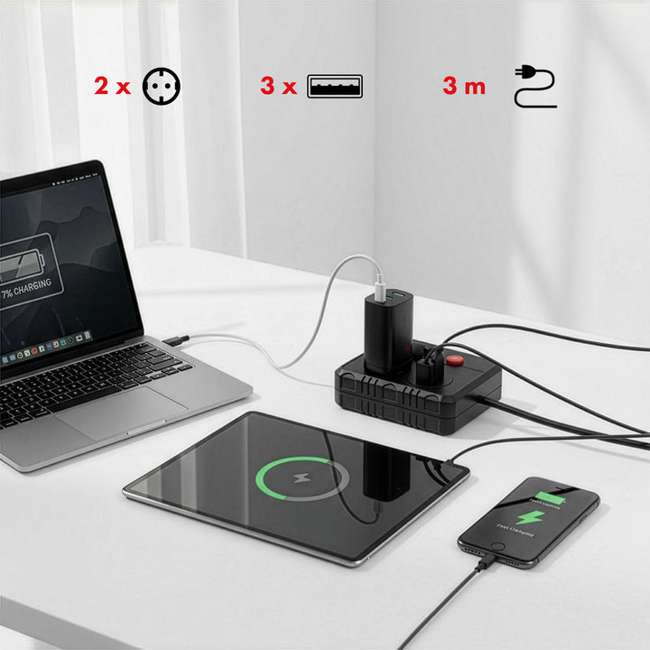 Maclean power strip, cablu prelungitor 2 prize + 3xUSB, 110-240V AC 50/60Hz, 2.1A max 2500W, 3 m, negru, MCE388 B