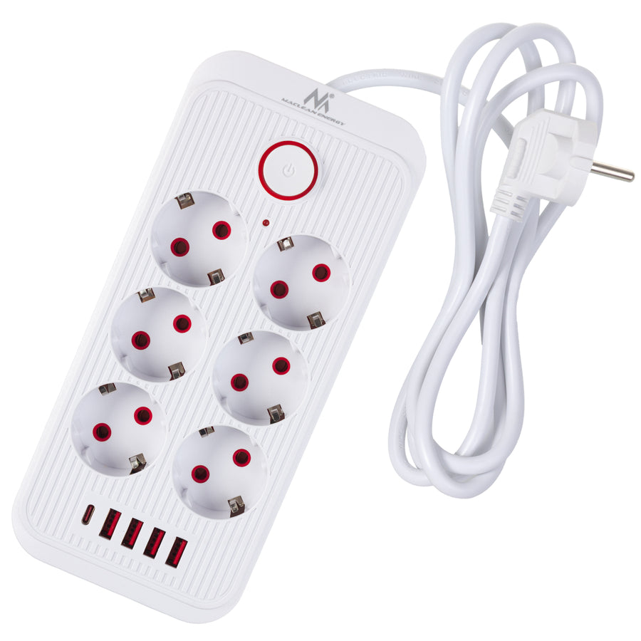 Furtun de alimentare Maclean, cablu prelungitor cu 6 prize + 4xUSB, 110-240V AC 50/60Hz, 2.1A max 2500W, 1.5 m, alb, MCE389 W