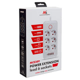 Furtun de alimentare Maclean, cablu prelungitor cu 6 prize + 4xUSB, 110-240V AC 50/60Hz, 2.1A max 2500W, 1.5 m, alb, MCE389 W