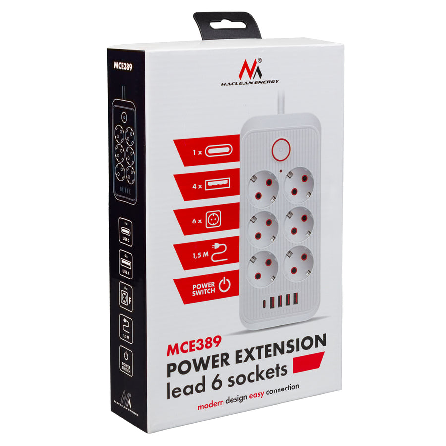 Furtun de alimentare Maclean, cablu prelungitor cu 6 prize + 4xUSB, 110-240V AC 50/60Hz, 2.1A max 2500W, 1.5 m, alb, MCE389 W