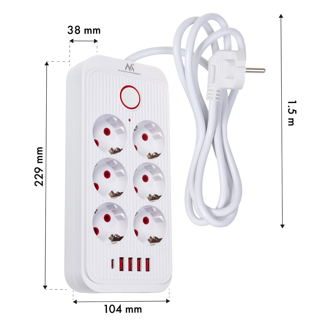 Furtun de alimentare Maclean, cablu prelungitor cu 6 prize + 4xUSB, 110-240V AC 50/60Hz, 2.1A max 2500W, 1.5 m, alb, MCE389 W