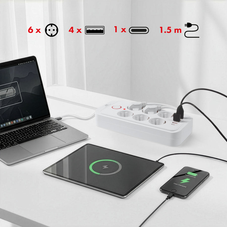 Furtun de alimentare Maclean, cablu prelungitor cu 6 prize + 4xUSB, 110-240V AC 50/60Hz, 2.1A max 2500W, 1.5 m, alb, MCE389 W