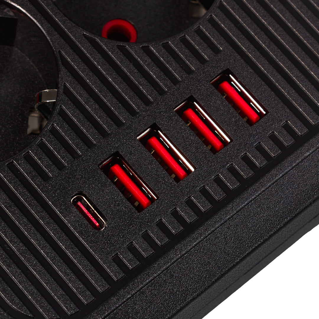 Furtun de alimentare Maclean, cablu prelungitor cu 6 prize + 4xUSB, 110-240V AC 50/60Hz, 2.1A max 2500W, 1.5 m, negru, MCE389 B