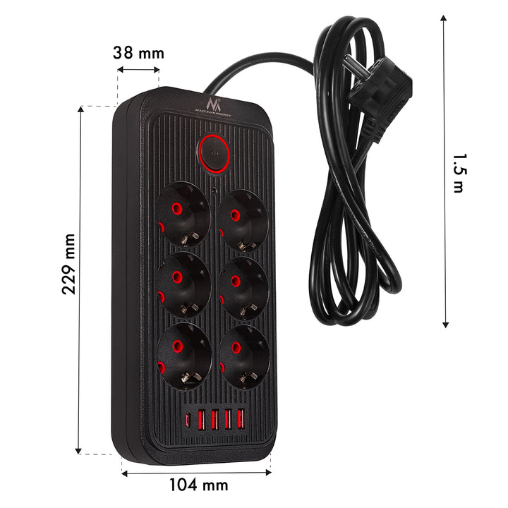 Furtun de alimentare Maclean, cablu prelungitor cu 6 prize + 4xUSB, 110-240V AC 50/60Hz, 2.1A max 2500W, 1.5 m, negru, MCE389 B