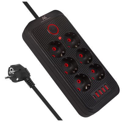 Furtun de alimentare Maclean, cablu prelungitor cu 6 prize + 4xUSB, 110-240V AC 50/60Hz, 2.1A max 2500W, 1.5 m, negru, MCE389 B