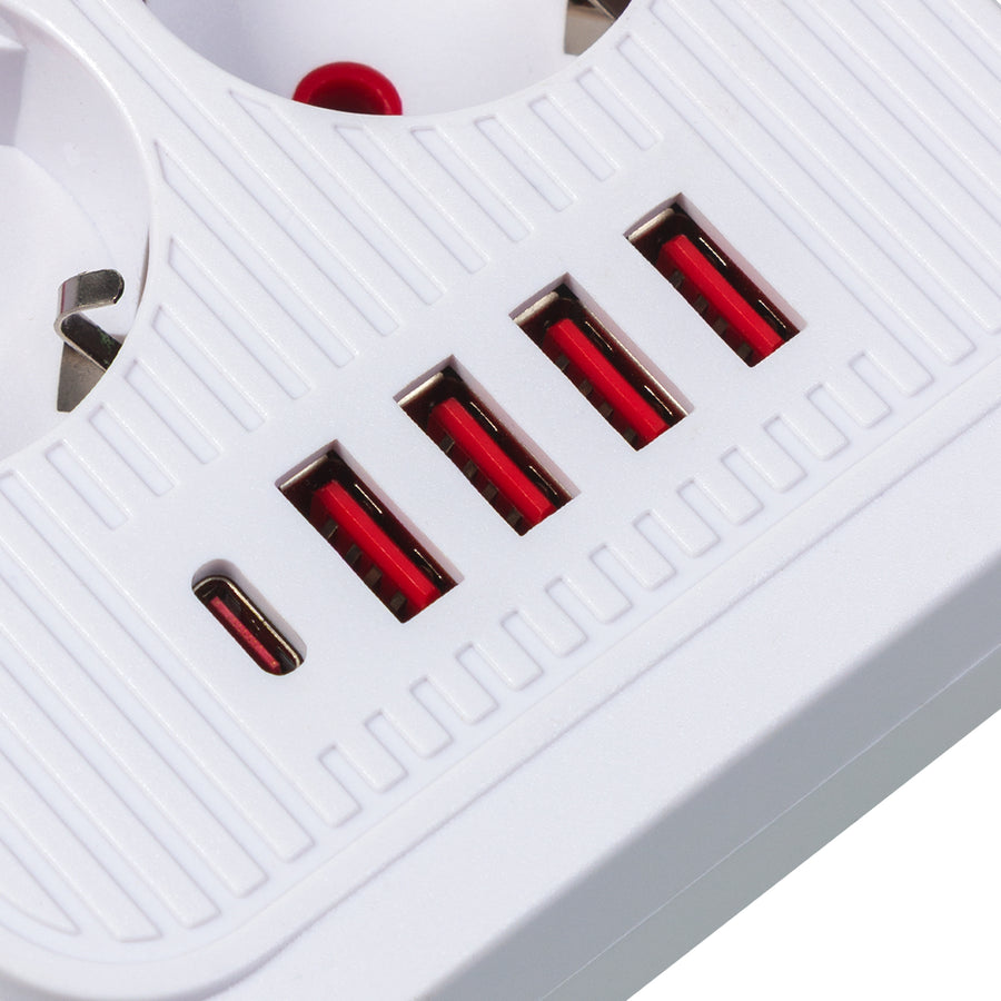 Bandă de alimentare Maclean, cablu prelungitor cu 6 prize + 4xUSB, 110-240V AC 50/60Hz, 2.1A max 2500W, 3m, alb, MCE391 W