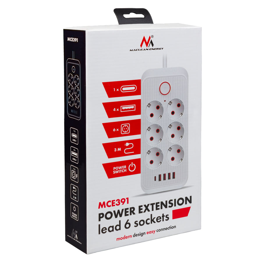 Bandă de alimentare Maclean, cablu prelungitor cu 6 prize + 4xUSB, 110-240V AC 50/60Hz, 2.1A max 2500W, 3m, alb, MCE391 W